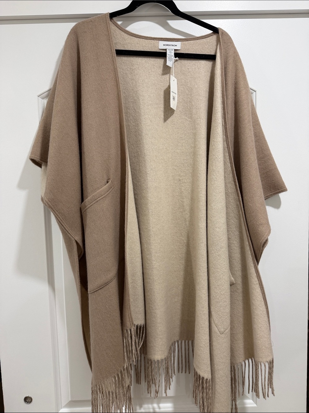 Nordstrom Fringe Poncho in Taupe and Cream
